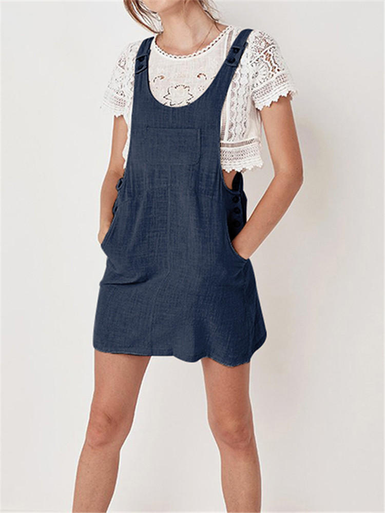 Casual Women Cotton Solid Color Adjustable Strap Mini Dress with
