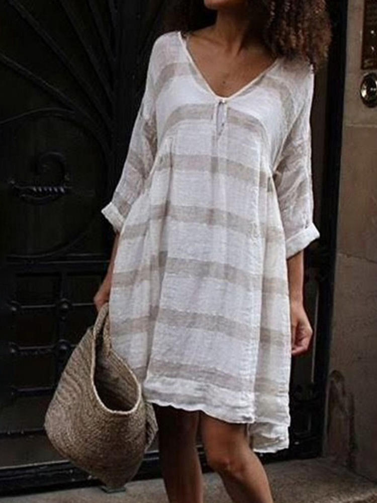 Women Stripe V Neck Long Sleeve Casual Midi Dress