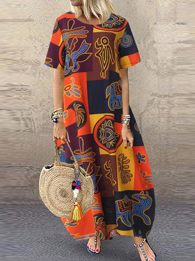 Women Retro O-neck Short Sleeve Loose Baggy Print Maxi Dress