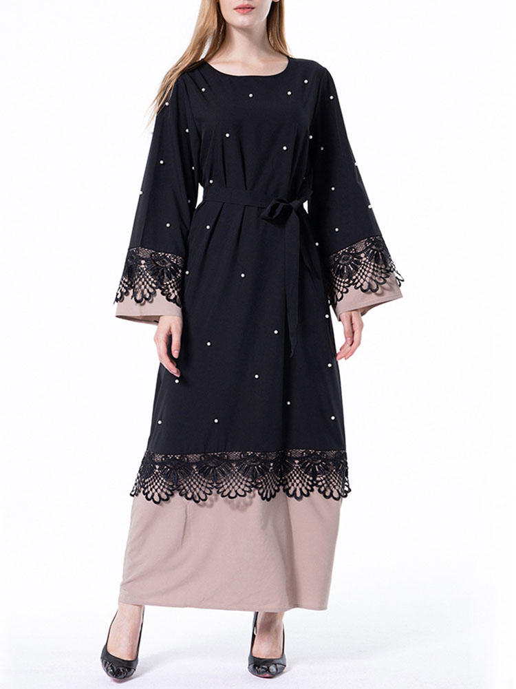 Women Lace Patchwork Long Sleeve Maxi Dress with Belt