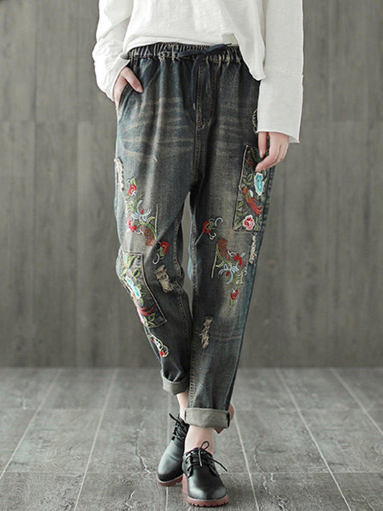 Folk Style Embroidery Elastic Waist Vintage Denim Jeans