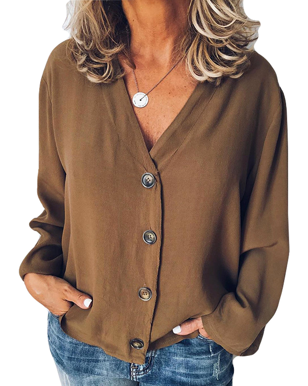 Women Buttons V Neck Solid Casual Loose Blouse