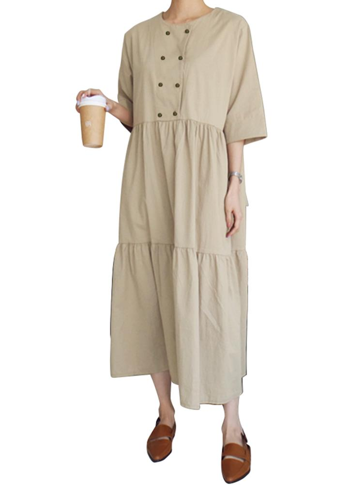 Women Casual Solid Color Loose Round Neck Half Sleeve Dress