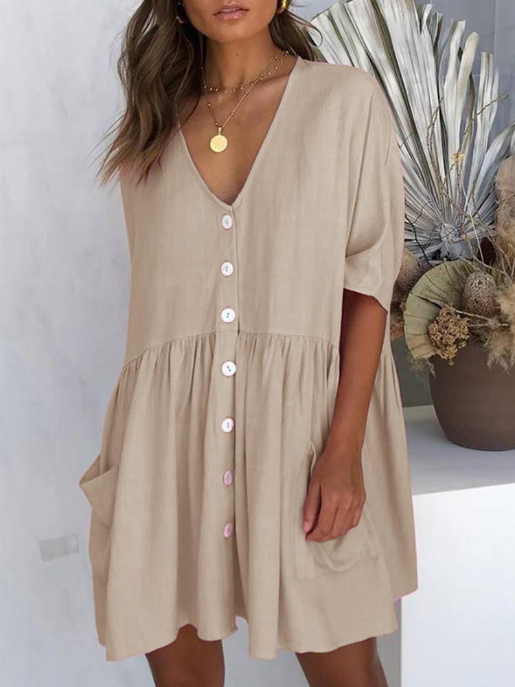 Women Casual Button V-neck Half Sleeve Mini Dress