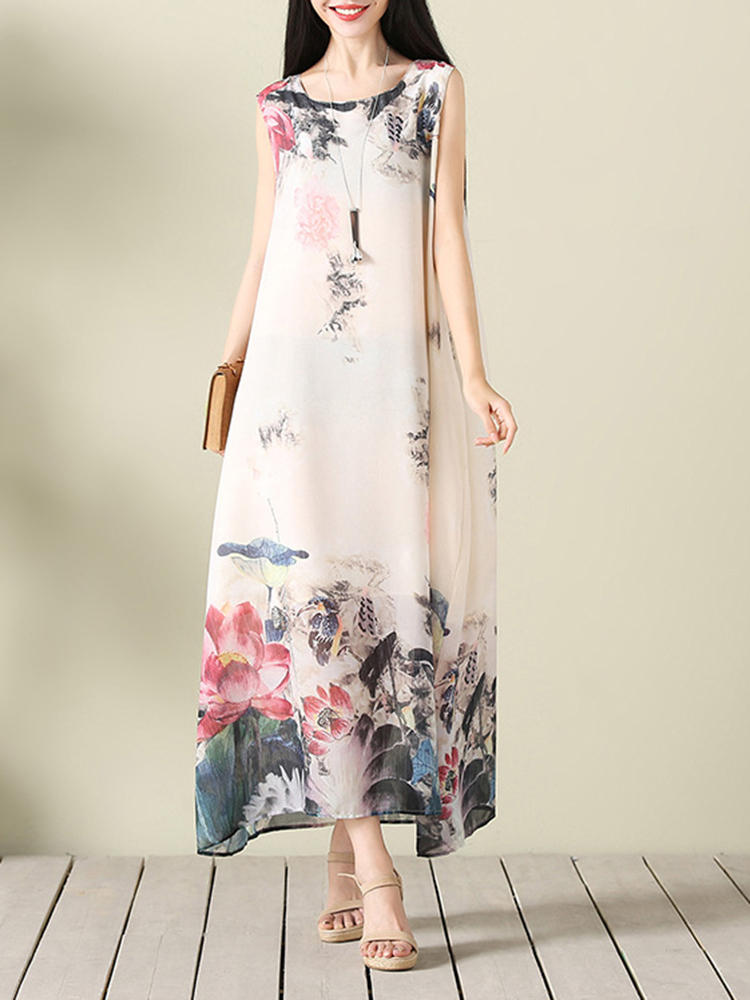 Vintage Women Lotus Printed O-Neck Sleeveless Maxi Dress