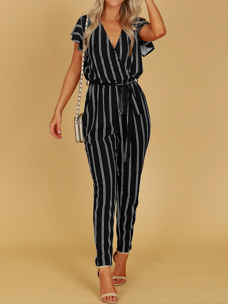 Casual Women Striped Short Sleeve V-Neck Jumpsuit
