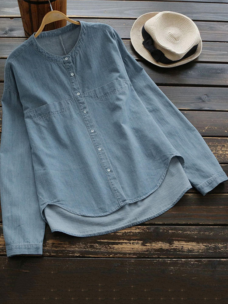 Women Buttons Down Asymmetrical Denim Blouse