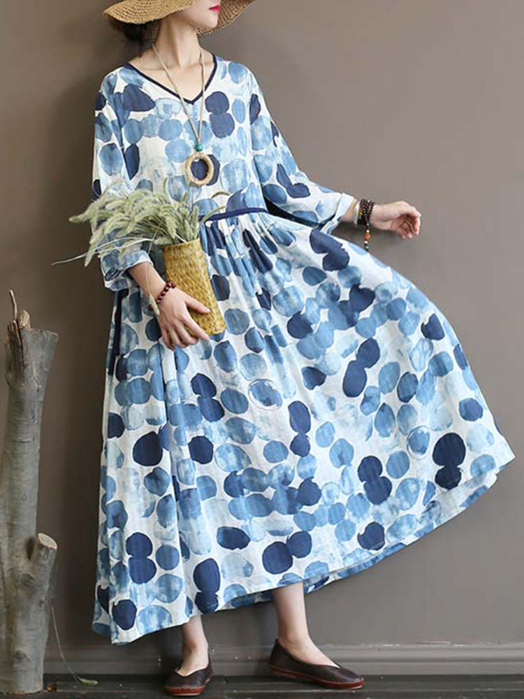 Women Casual Loose Polka Dot V-Neck Long Sleeve Dress