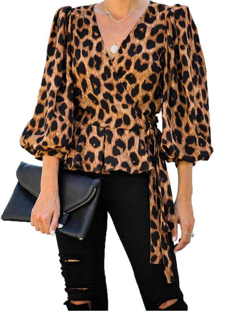 Leopard Print V-neck Long Sleeves Belt Casual Blouse For Women