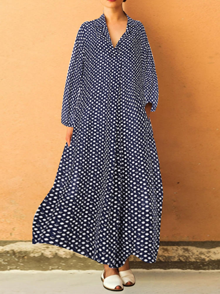 Women Casual Turn Down Collar Polka Dot Maxi Dress