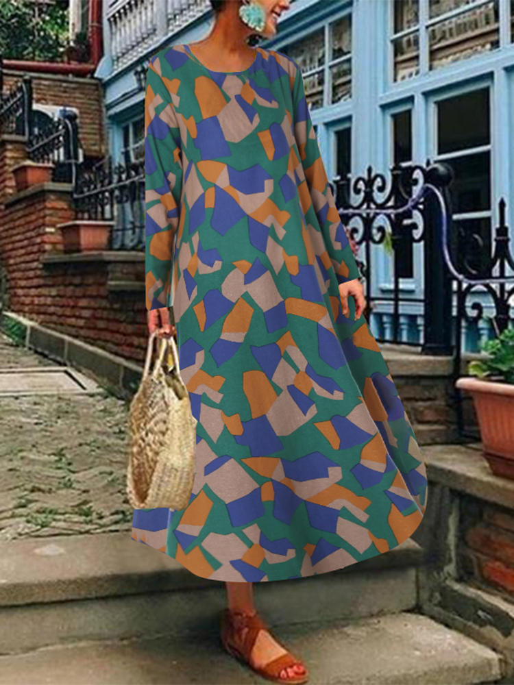 Casual Women Cotton Loose Geometric Print Long Sleeve Dress