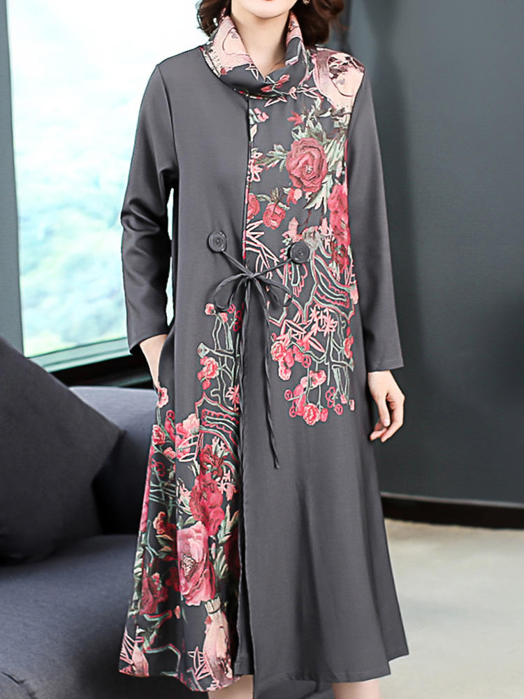 Print Patchwork Turtleneck Long Sleeve Split Vintage Dress