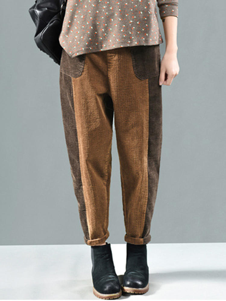 Corduroy Patchwork Loose Harem Pants With Pocket