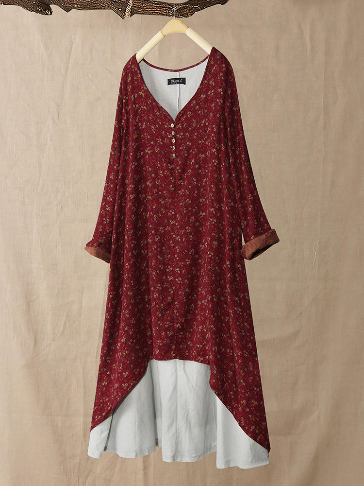 M-5XL Floral Printed Layered Long Sleeve Vintage Dress