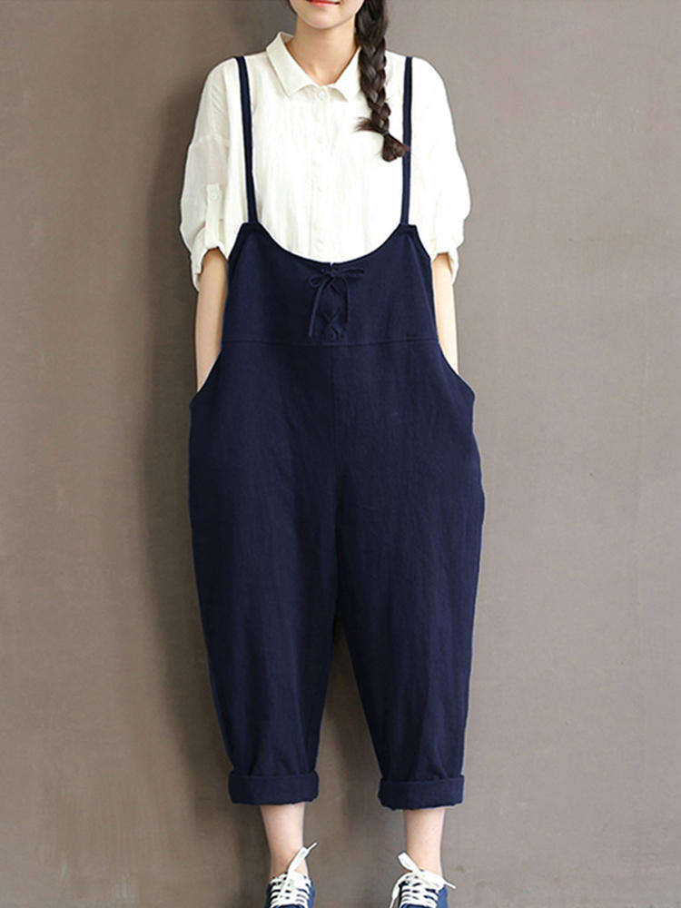 Women Sleeveless Straps Cotton Harem Jumpsuit Overall