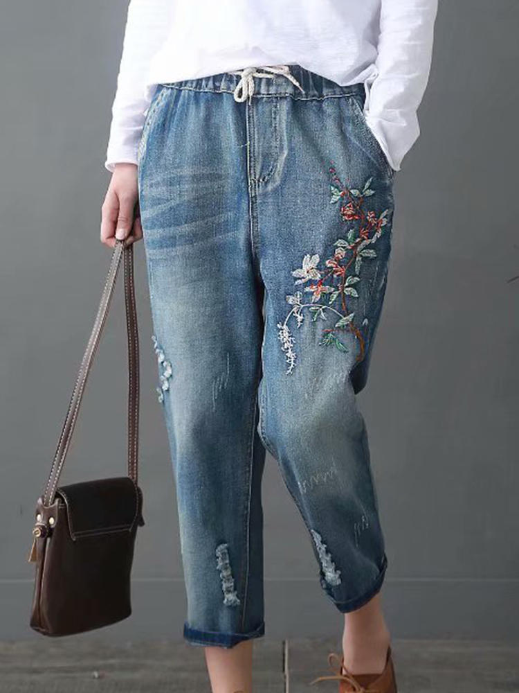 Casual Embroidery Distressed Elastic Waist Denim Pants