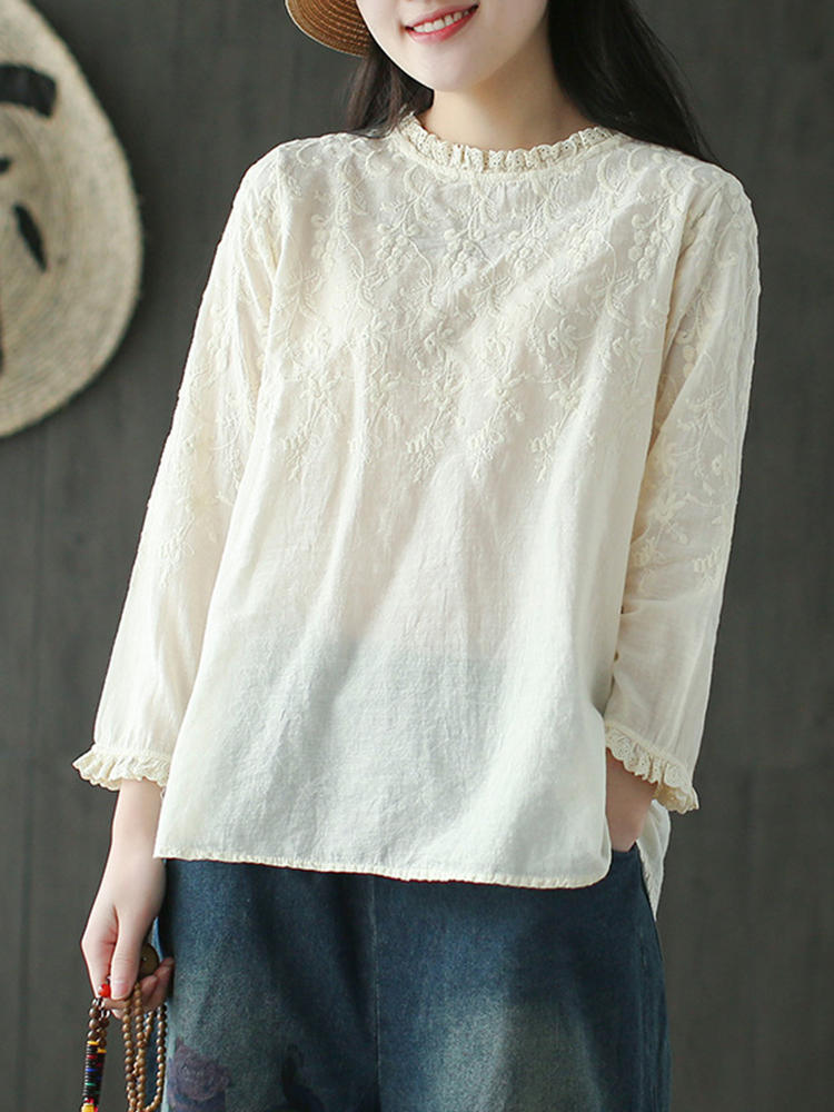 Women Cotton Solid Color Stand Collar Embroidered Blouse