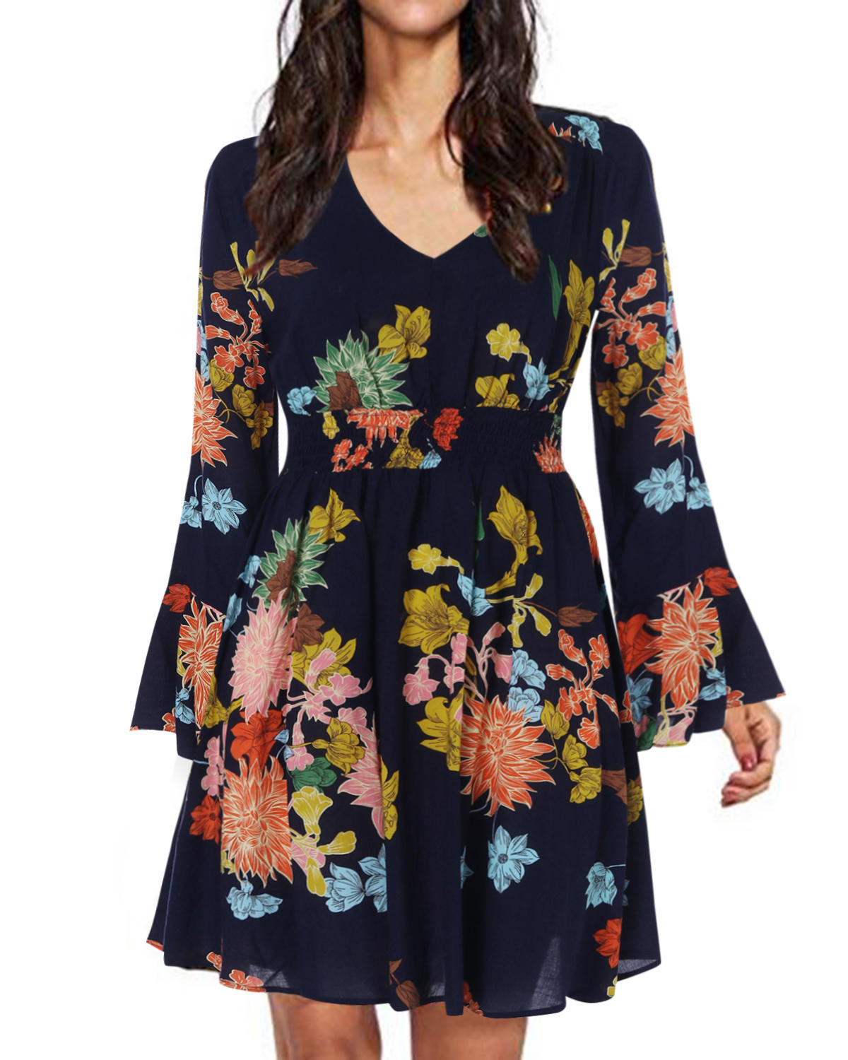 Bohemian Floral Print Long Sleeve Split Flowy Mini Elegant Dress