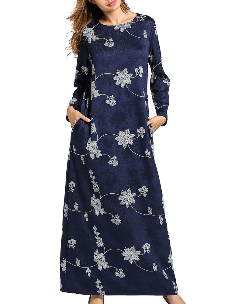 Floral Printed Long Sleeve Pocket Women O-Neck Maxi Dress