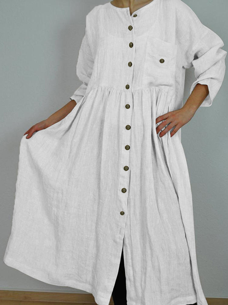 Women Round Neck Loose Pleated Button Pocket Dress