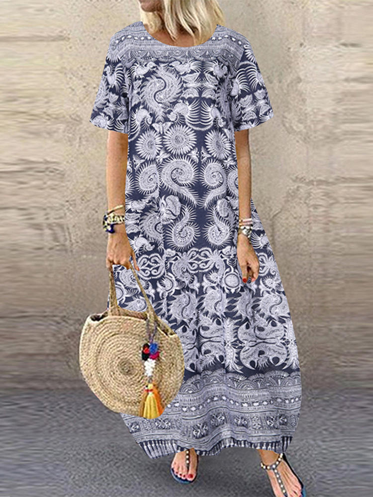 Women Casual Loose Printed Short Sleeve Side Pockets Dress