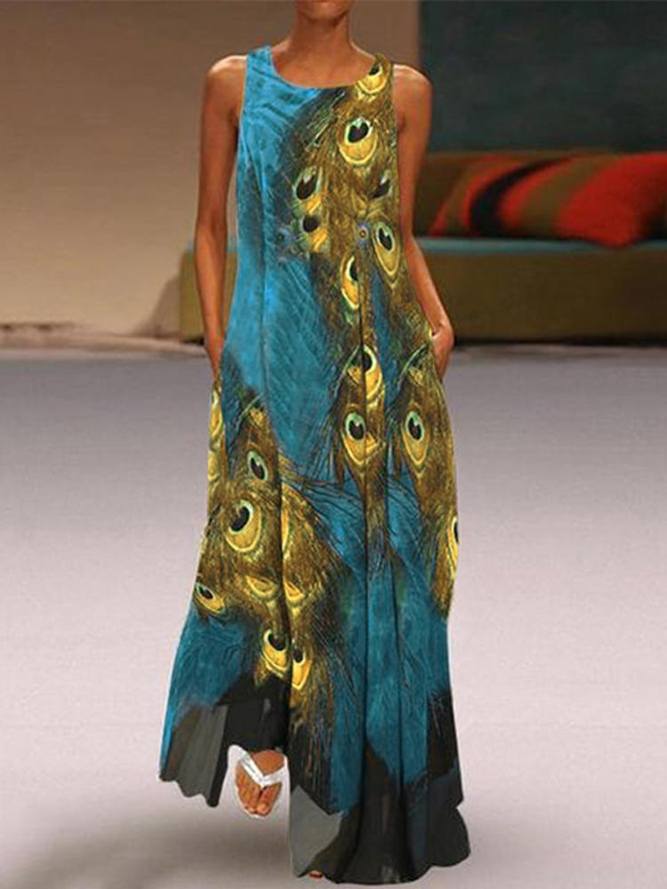 Elegant Sleeveless Crew Neck Peacock Print Bohemian Beach Summer