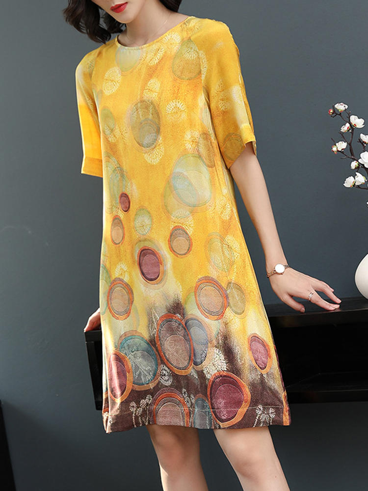 Summer Floral Print O-neck Loose Short Sleeve Dress