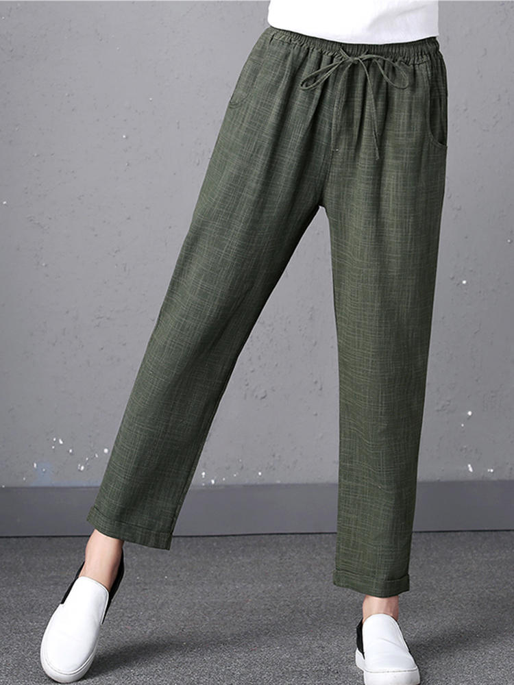 Women Casual Drawstring Waist Pure Color Pant