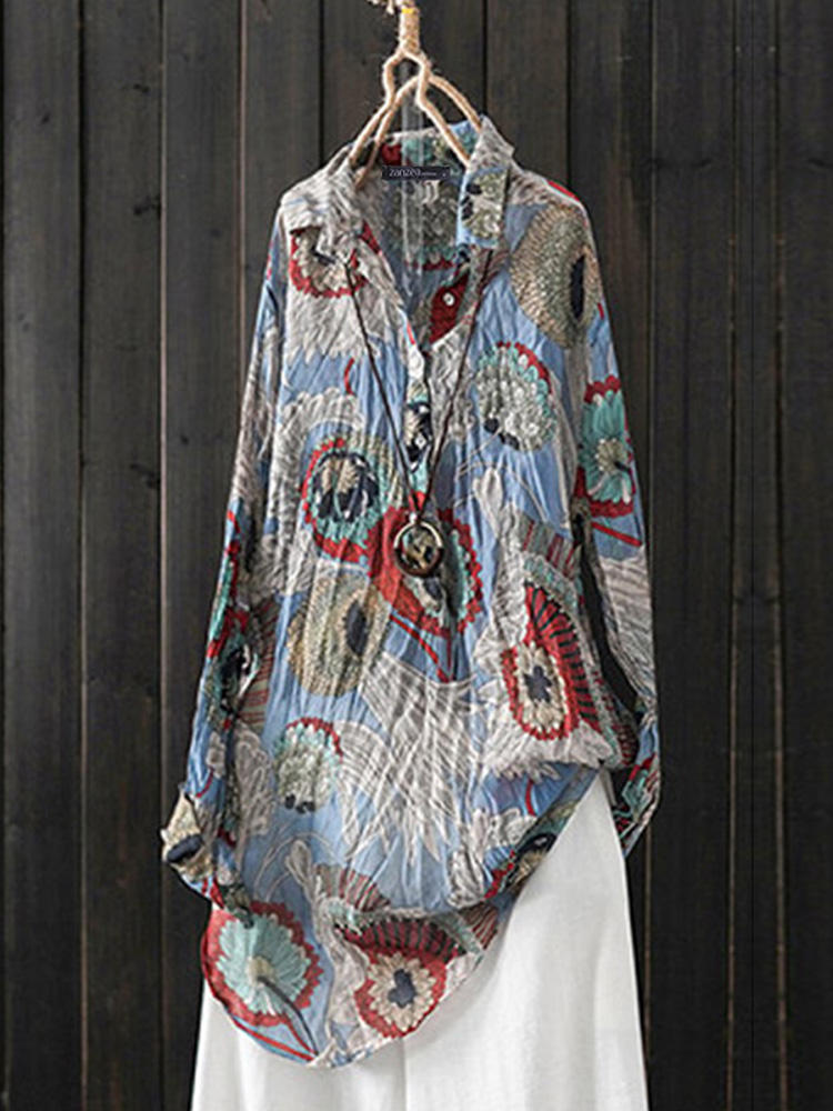 Women Long Sleeve Floral Printed Long Shirts Irregular Hem Casua