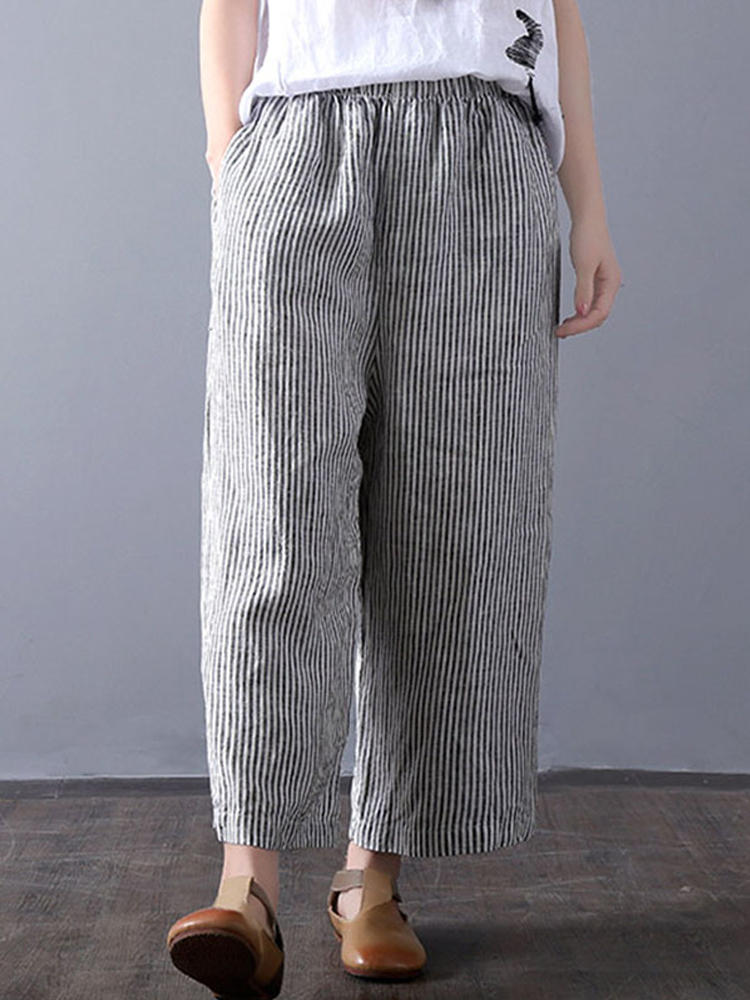 Women Vintage High Waisted Striped Wide Leg Pants