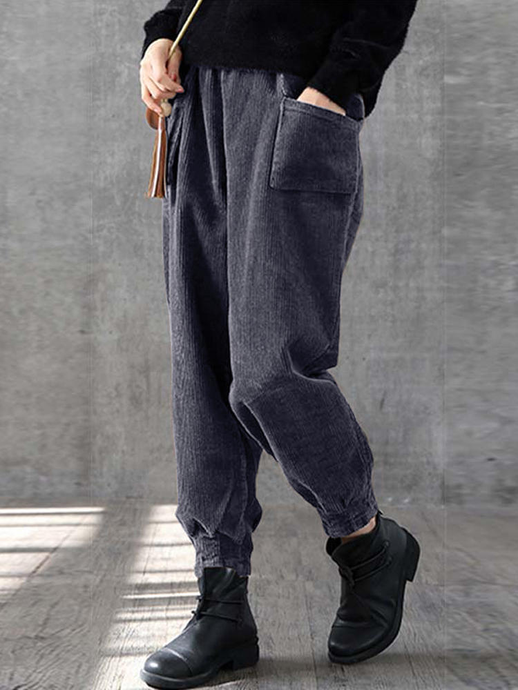 Corduroy Solid Color Elastic Waist Pocket Pants For Women
