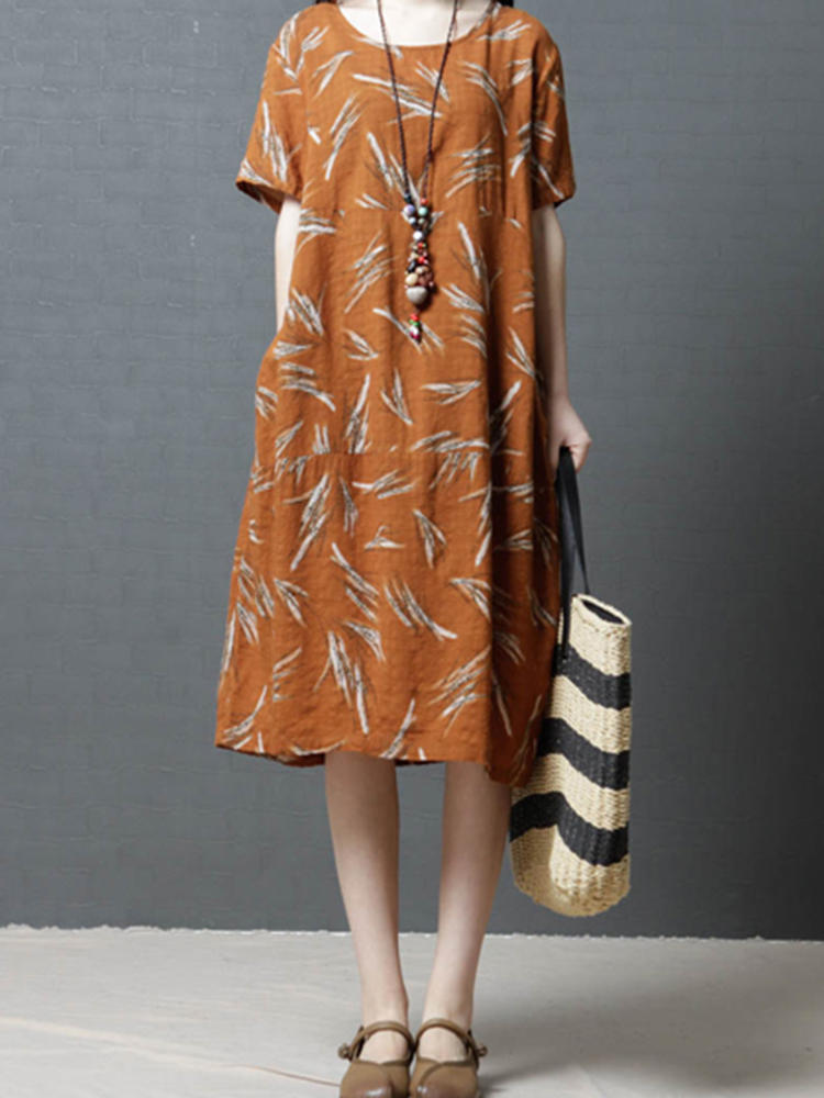 Vintage Women Printed Cotton Short Sleeve O-Neck Dress