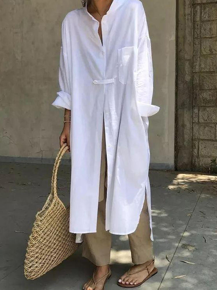 Women Solid Color Long Sleeve Split Shirt Casual Dress