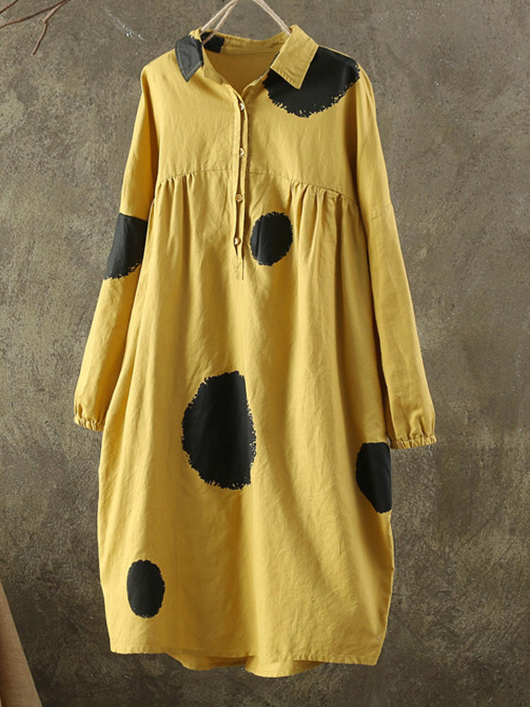 Vintage Polka Dot Print Loose Long Sleeve Women Shirt Dresses