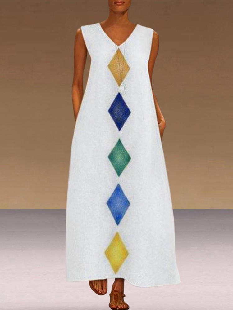 Women Printed V-neck Summer Beach Holiday Sleeveless Maxi Dress