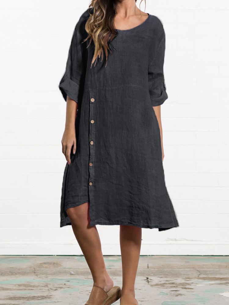Women Retro Side Button O-neck Long Sleeve Irregular Hem Dress