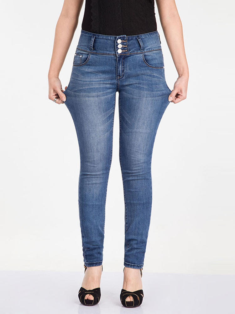 High Waist Solid Color Button Casual Jeans