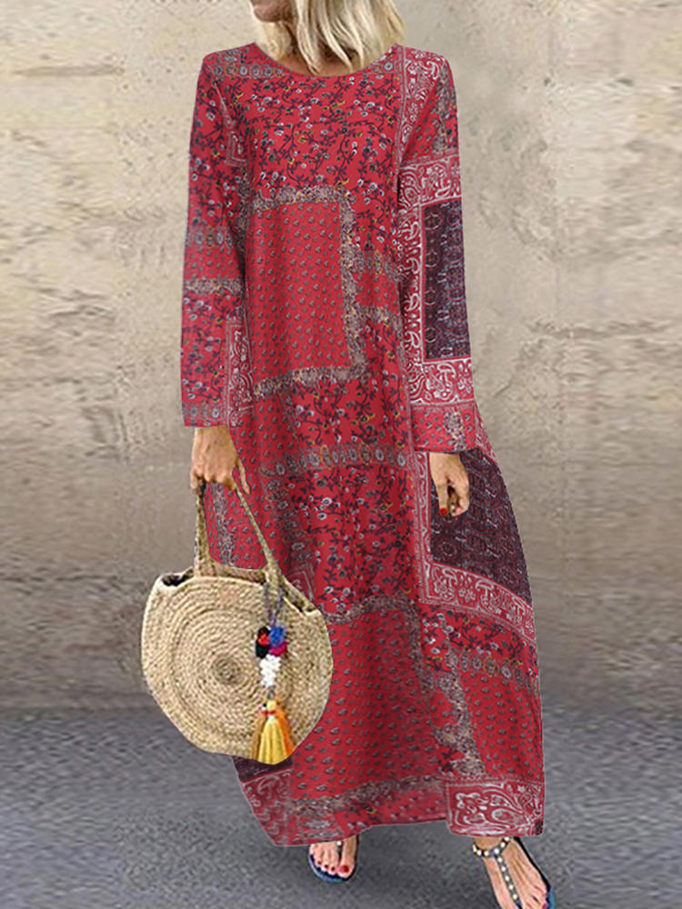 Women Long Sleeve O-neck Baggy Loose Maxi Dress