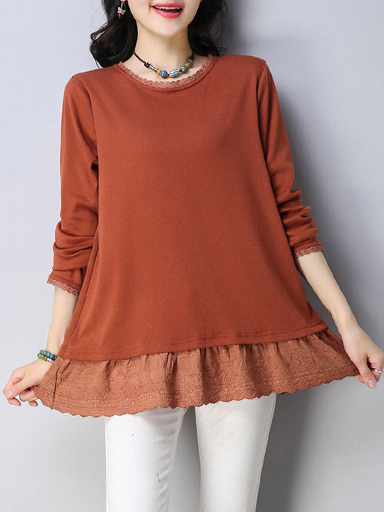 Women Casual O-neck Lace Patchwork Hem T-shirts