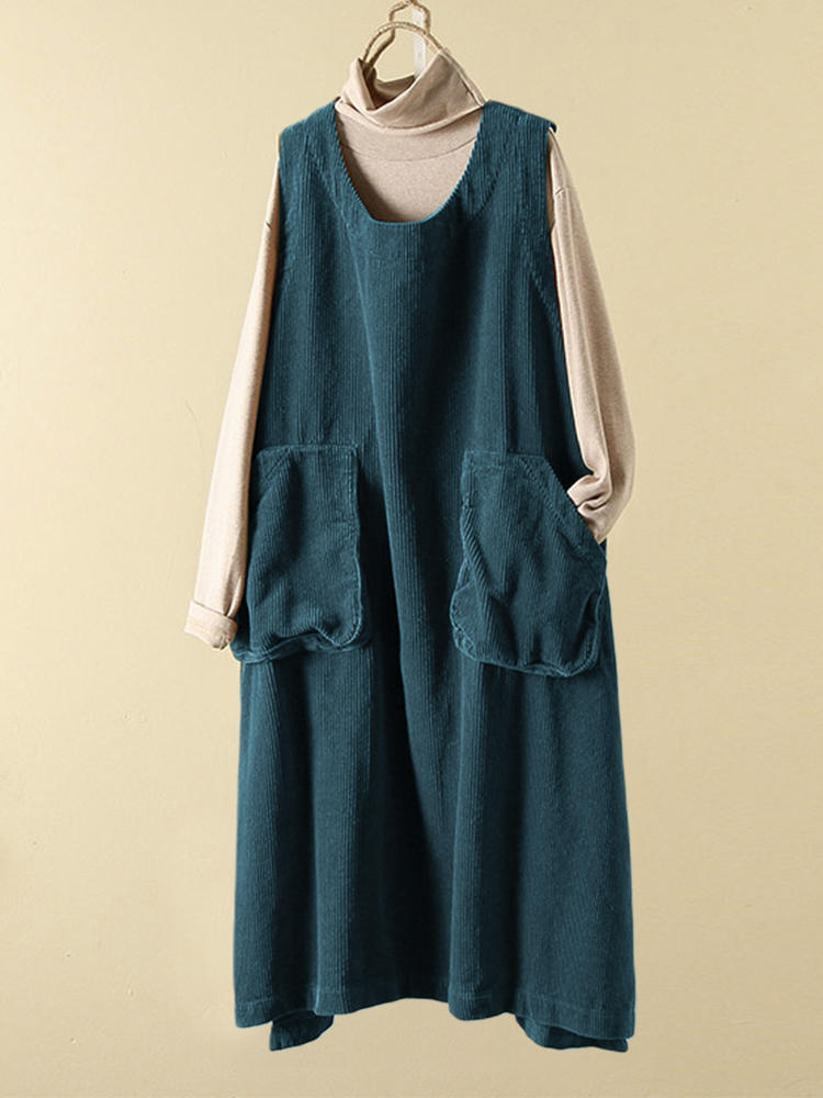 Casual Women Corduroy Loose Pure Color Split Hem Sleeveless Dres