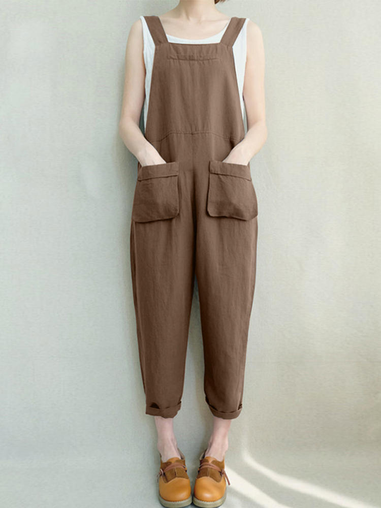 Women Sleeveless Strappy Pockets Solid Long Jumpsuit