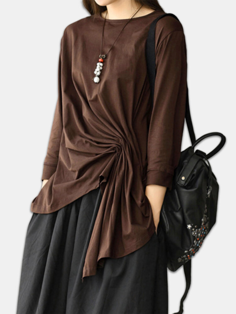Irregular Hem O-neck Long Sleeve Solid Causal T-shirts