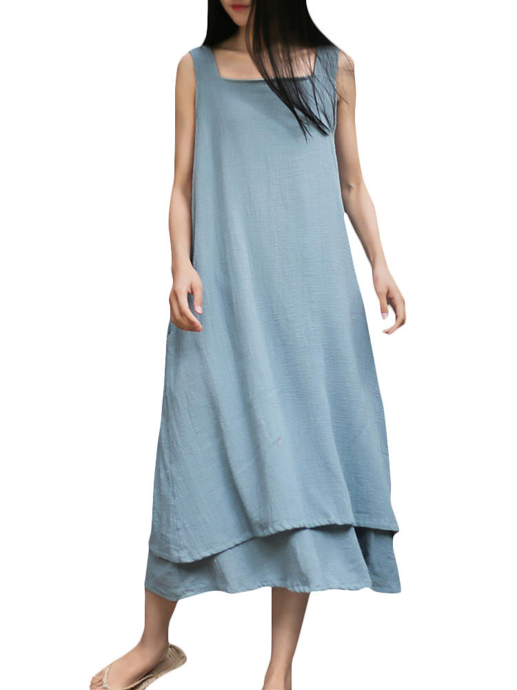 Sleeveless Pure Color Drawstring Layered Vintage Dress