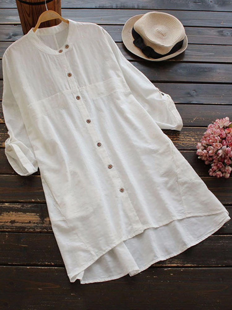 Women Long Adjustable Sleeve Buttons Pure Color Blouse