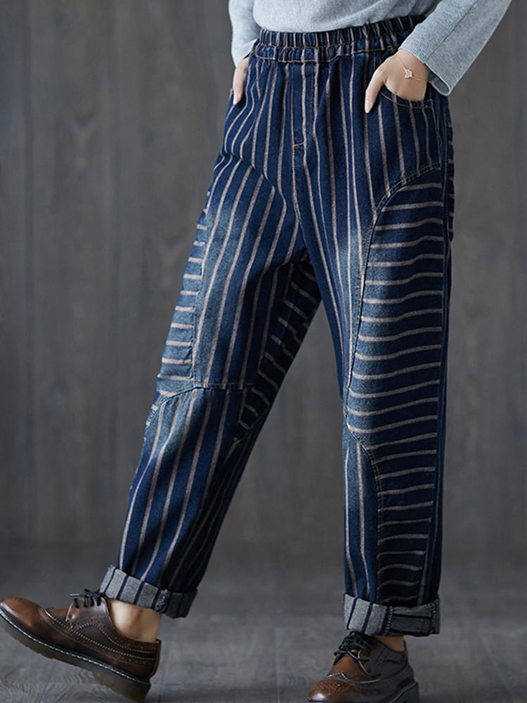 Women Vintage Striped Elastic Waist Loose Harem Jeans With Pocke