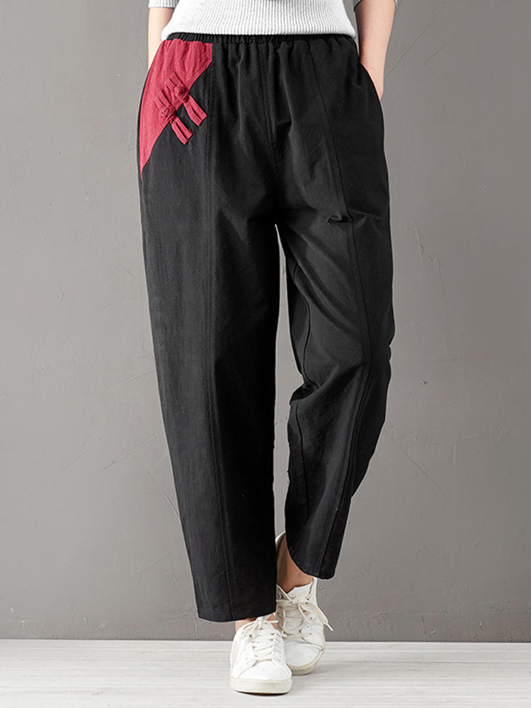 Women Ethnic Patchwork Plate Buckle Loose Cotton Casual Pants