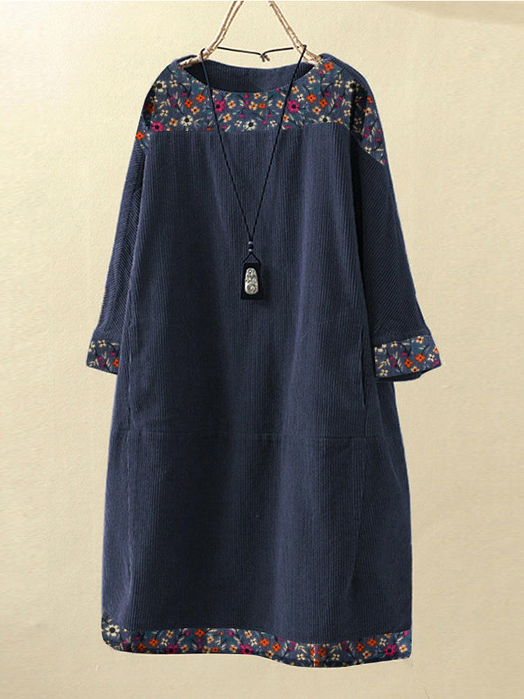 Women Vintage Floral Print Long Sleeve Pockets Corduroy Dress