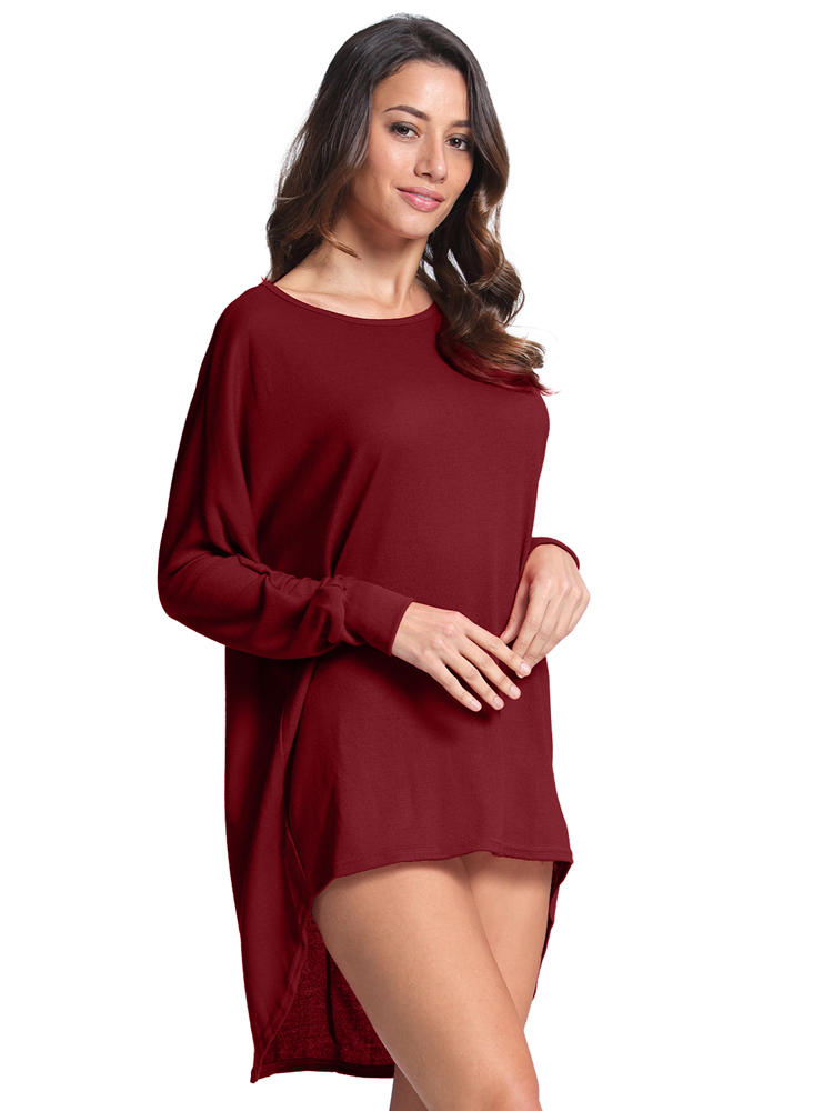 Loose Women Top Long Sleeve Thin Knit Irregular Hem Round Collar