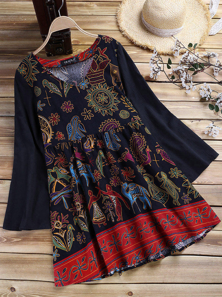 Ethnic Women Vintage Folk Style Print Patchwork Long Sleeve Blou
