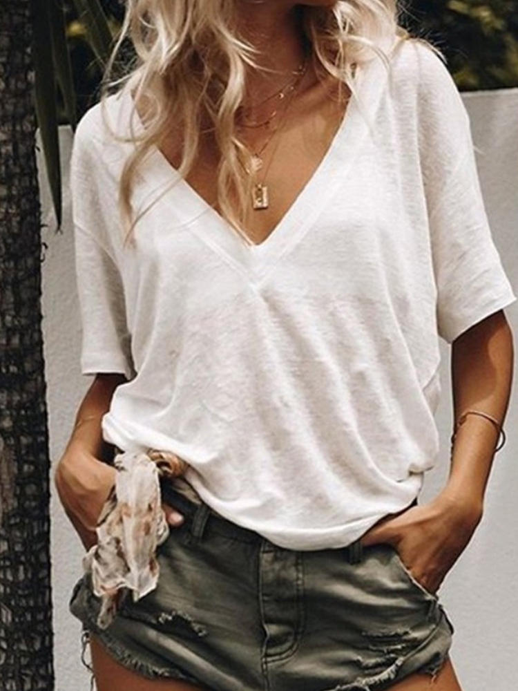 Women Casual Loose V Neck Half Sleeve Solid Color T-shirts